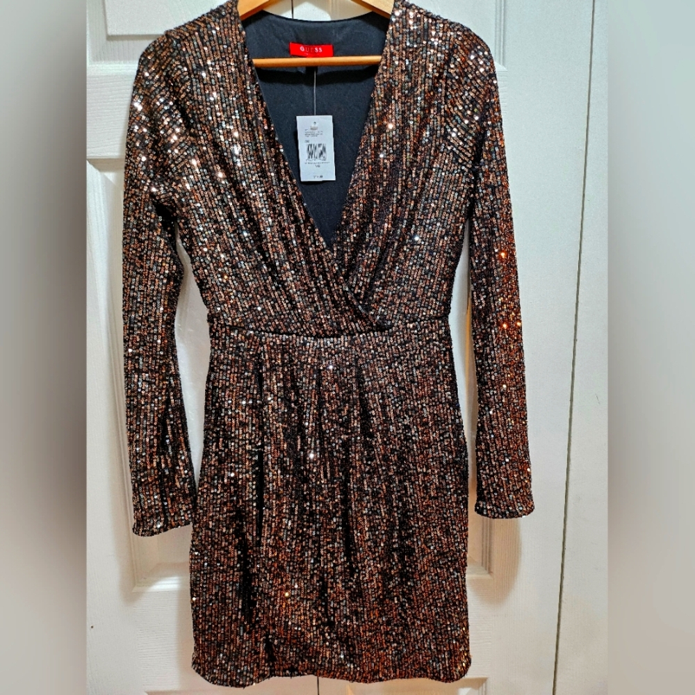 Guess Brown Sequin Ruched Long Sleeve Dress Size Medium NWT